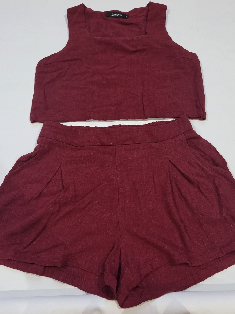 Women's Burgundy High-Waist Linen Shorts And Top Set